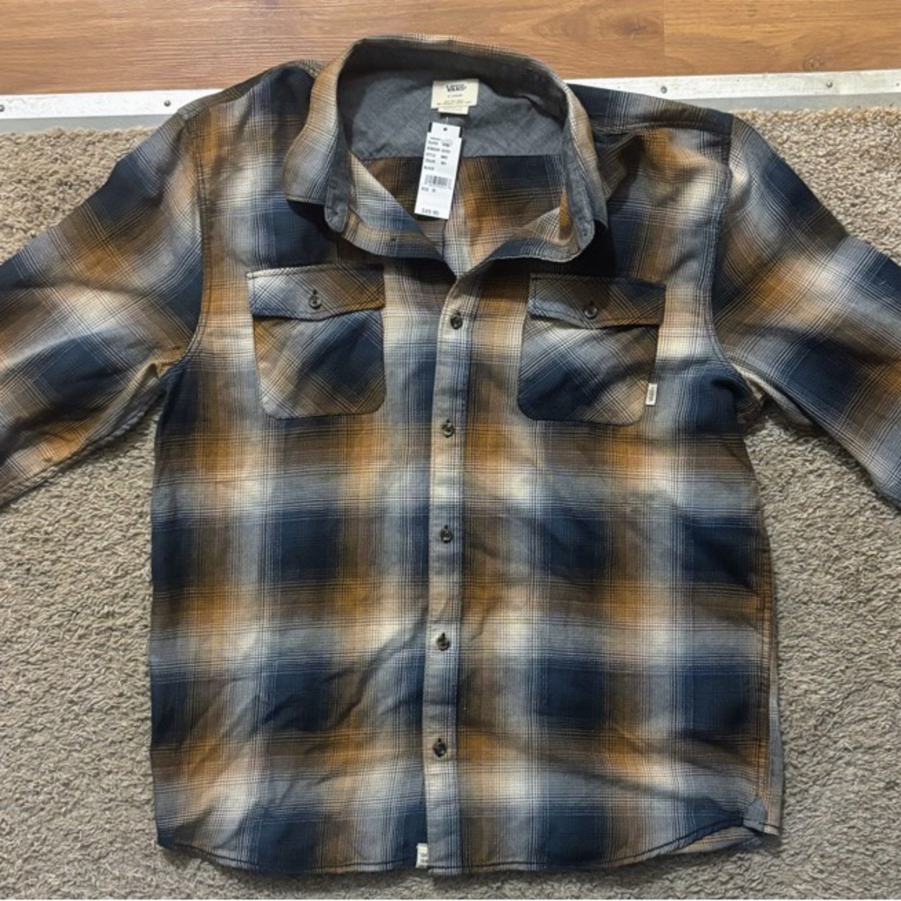 Vans NWT Men’s XL Blue/Brown Plaid Button Up Long Sleeve Shirt